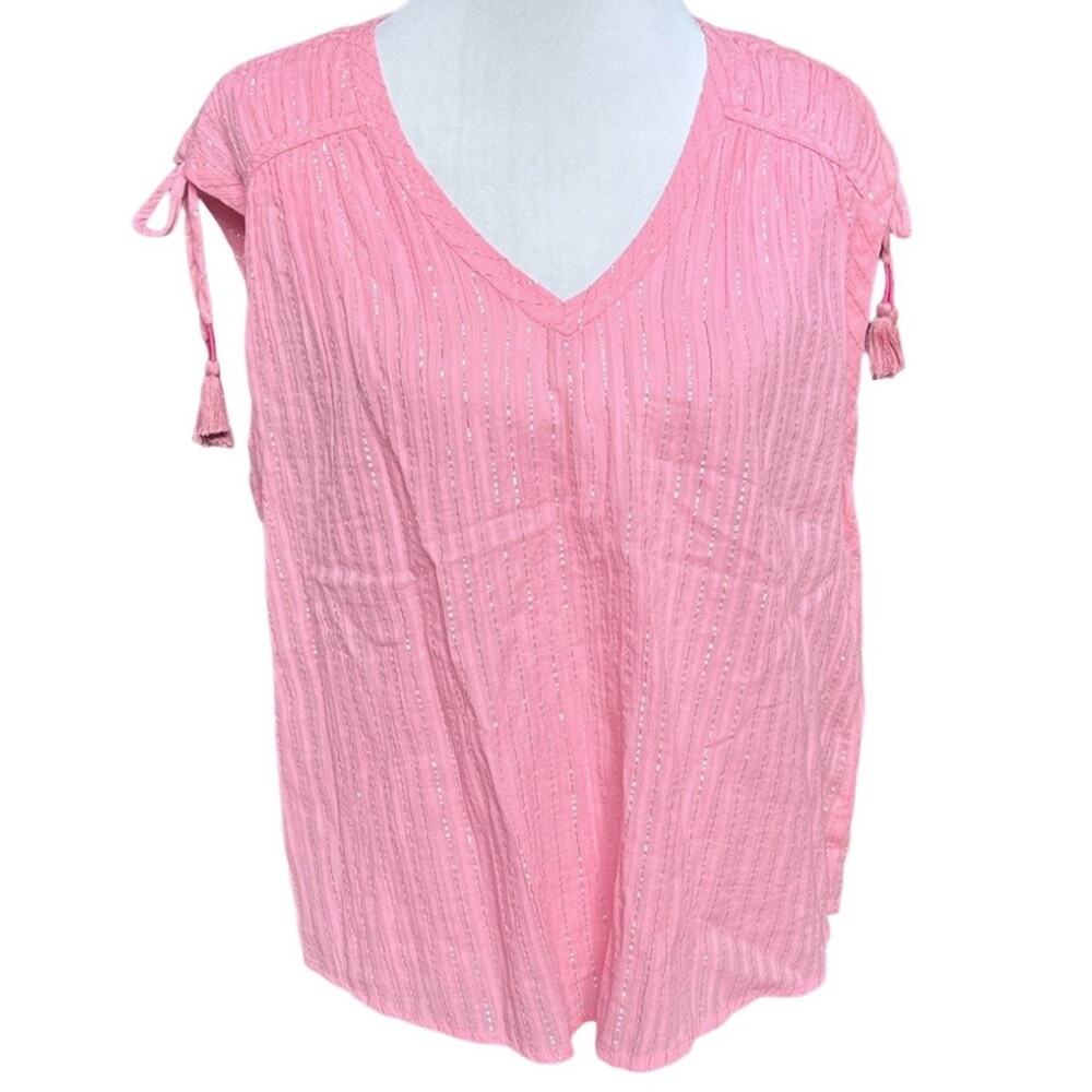 Anthropologie Shirred Cap-Sleeved Blouse Pink Gold Size Large